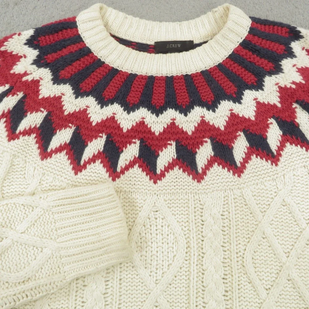 J Crew Mens Medium Cream Merino Cotton Cableknit Fisherman Sweater H4158 Ivory